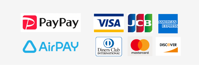 PayPay、VISA、JCB、AMERICAN EXPRESS、AirPay、DinerClub、mastercard、DISCOVER